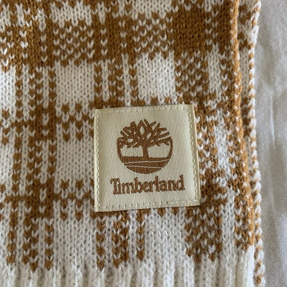 Timberland Scarf Tan Cream Acrylic Plaid One Size Winter Logo 67” NWT - Picture 2 of 4